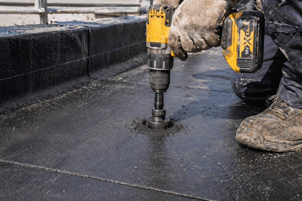 Close-up of a drill cutting through a flat roof waterproof membrane showing the formation of a penetration and exposed material layers