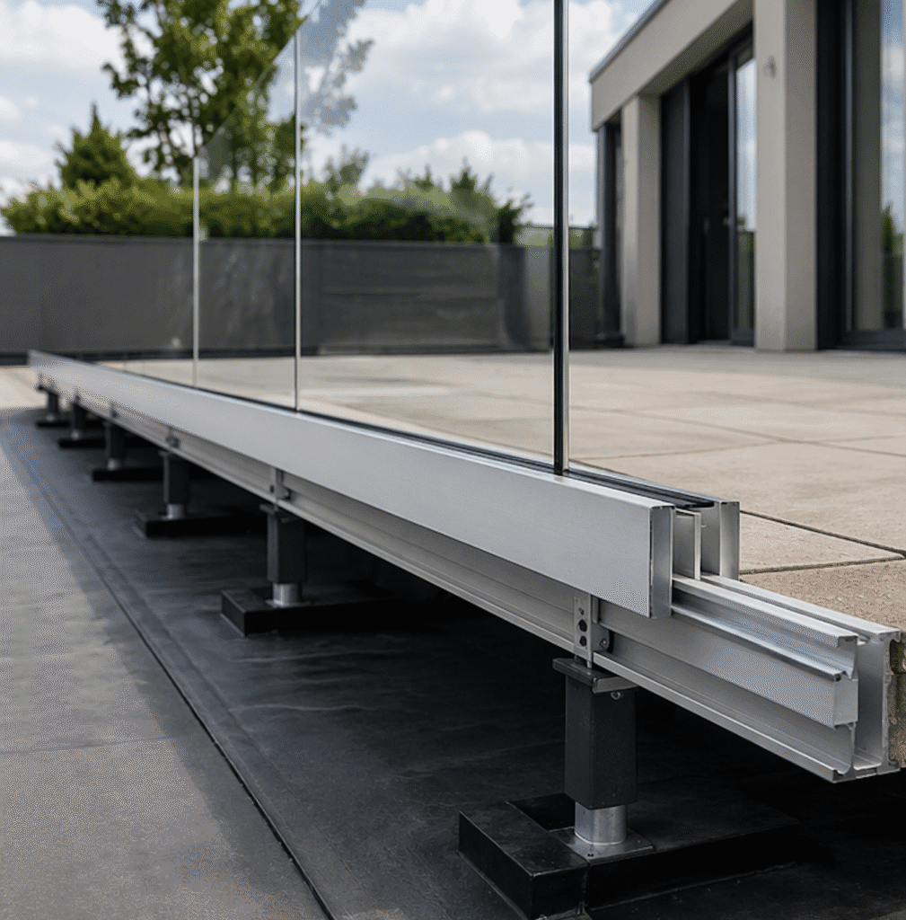 Raised roof terrace system with visible separation above waterproof membrane showing non-penetrative structural support