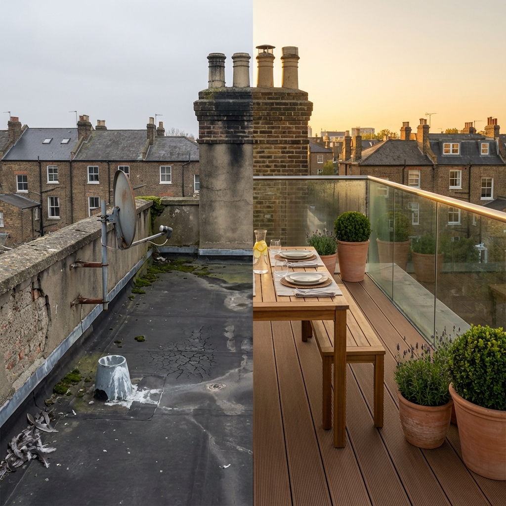 Two rooftop terraces with glass balustrades over London