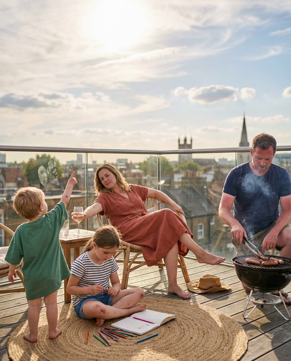 A family relaxing on a rooftop terrace above the city