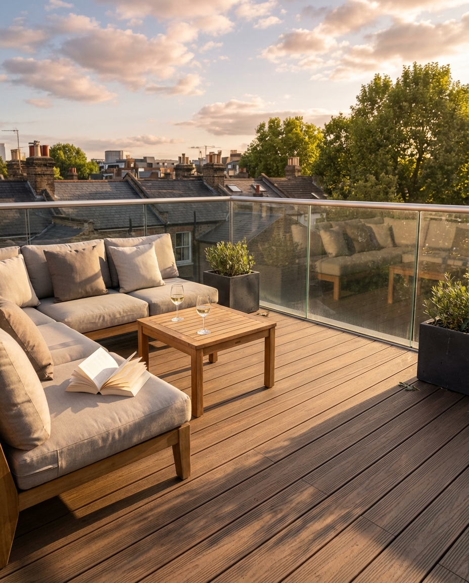 A finished rooftop terrace with glass balustrade, sofa and planters, overlooking London rooftops at dusk