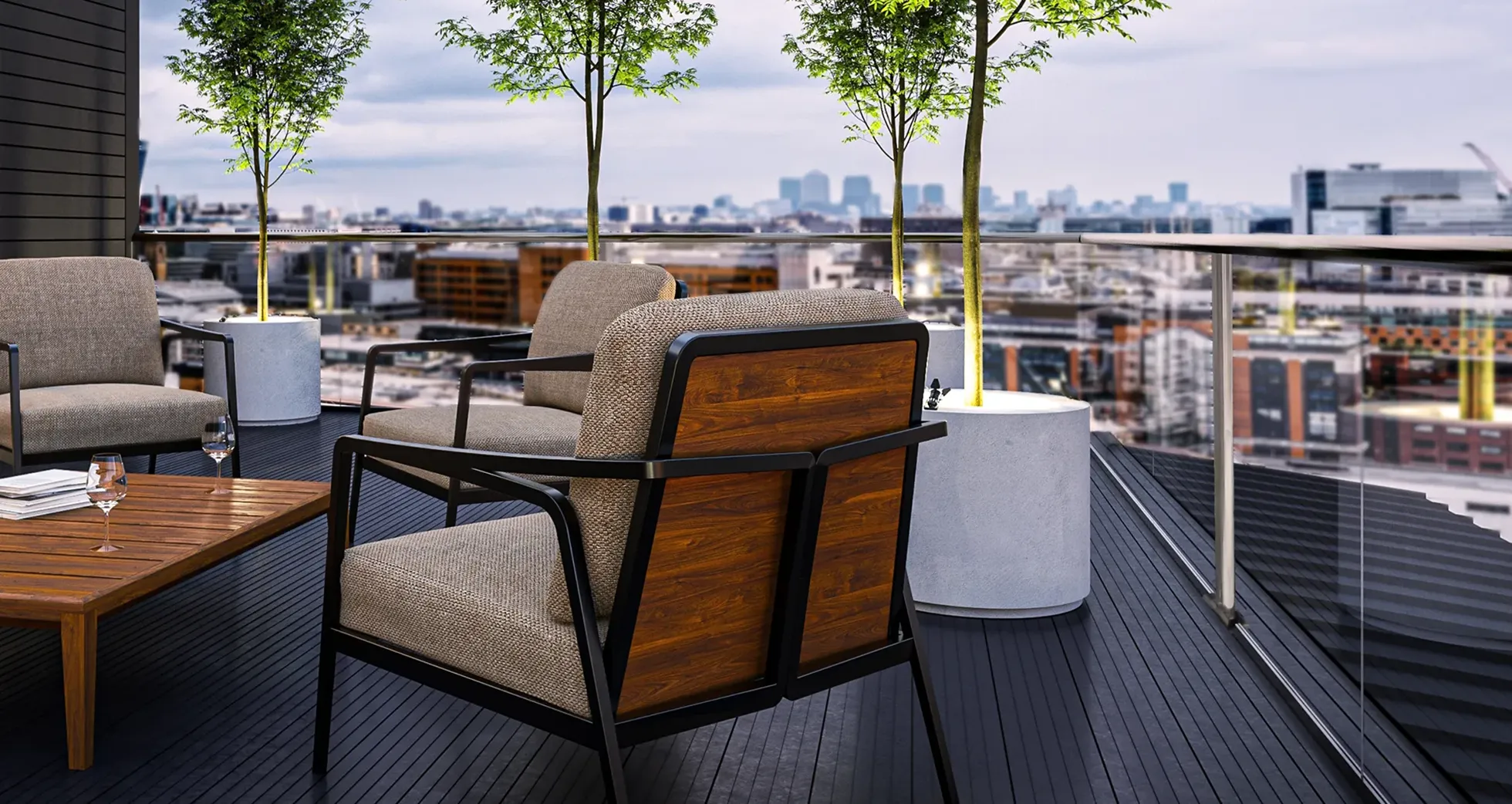 Rooftop terrace seating overlooking a city skyline