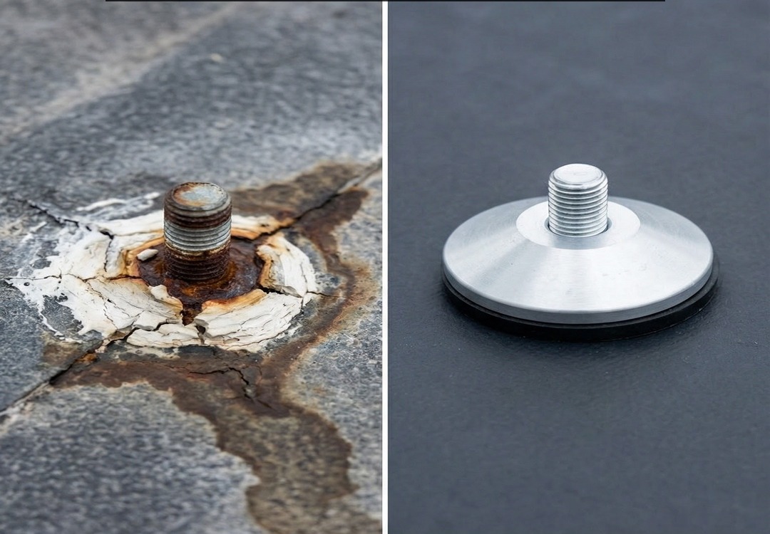 Left: a rusted bolt driven through a roof membrane. Right: a clean BalcoDeck® support foot resting on the surface