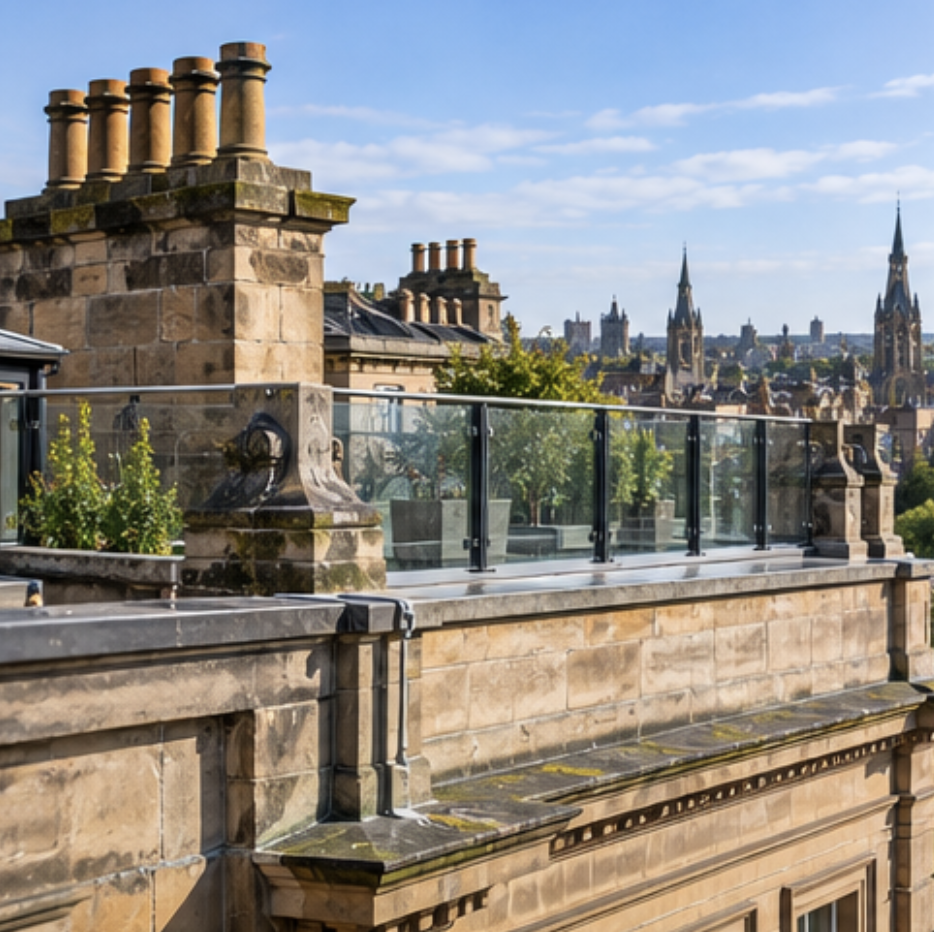 Roof terrace on a listed building with a glass balustrade set back behind a stone parapet, overlooking historic rooftops