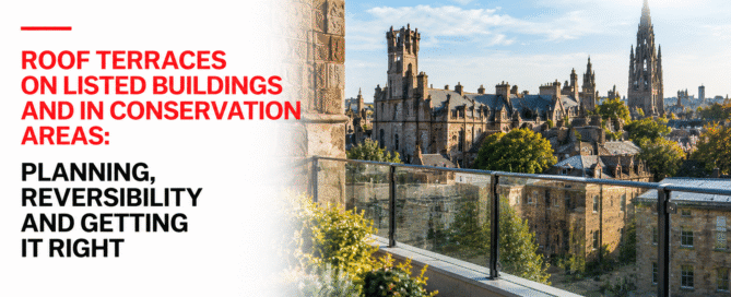Roof terrace on a listed building with a glass balustrade overlooking historic stone buildings and spires in a conservation area